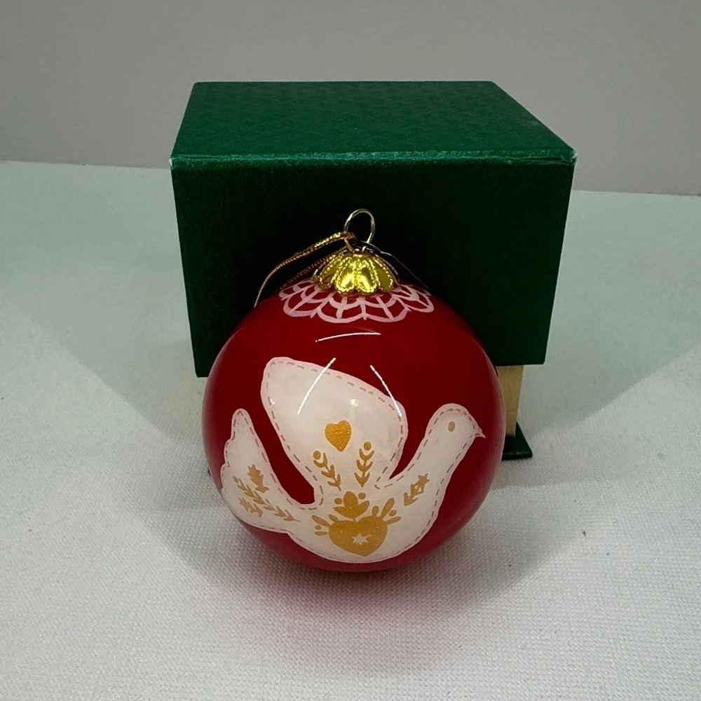 Pier 1 Li Bien Christmas Ornament PEACE Red Ball White Dove 2017